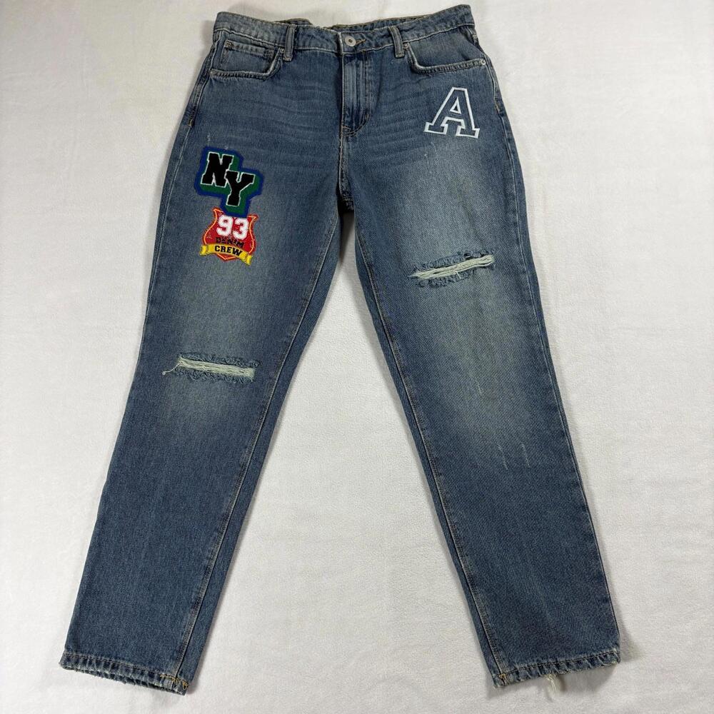 No Boundaries Y2K Patch Jeans Womens 13 Distressed Straight Blue Denim 90s